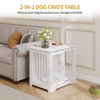 White Dog Crate Furniture with Barn Door End Table Small Dogs 69cm