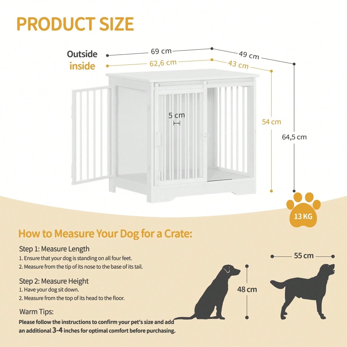 White Dog Crate Furniture with Barn Door End Table Small Dogs 69cm