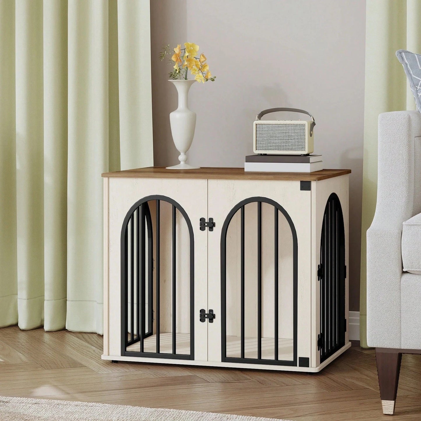 Wooden Dog Crate Furniture Arched Door Small Dogs White Brown 68cm