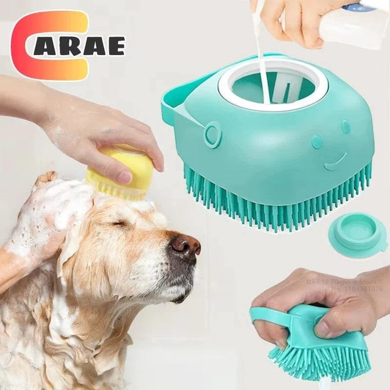 Silicone Pet Brush Massage Bath Brush for Dogs Cat Scrubber Shampoo Dispenser UK